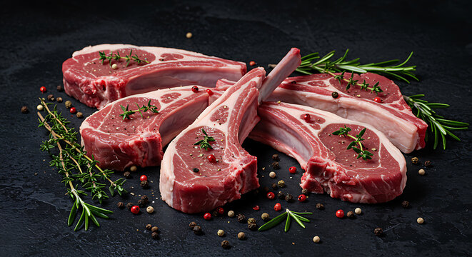 Fresh raw lamb chops with rosemary and peppercorns on a dark background, ready for cooking and culinary preparation