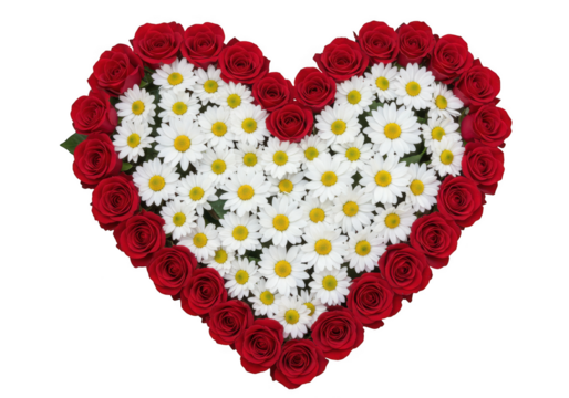 Heart shaped floral arrangement of red roses and white daisies isolated on transparent background