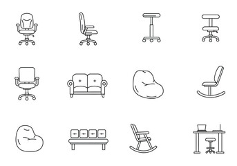 Furniture Twelve linedrawn seating options including office chairs sofas beanbags rocking chairs and a desk setup