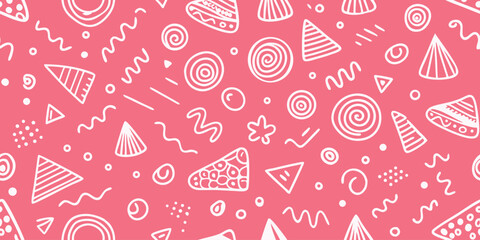 Pink background with white abstract doodle shapes and patterns vector