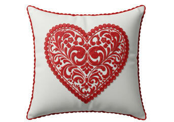 White square pillow with red embroidered heart and scalloped edging isolated on transparent background