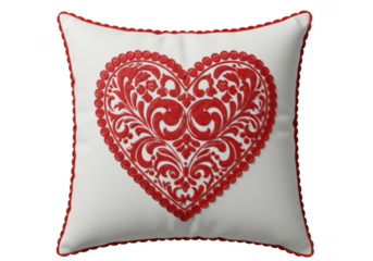 White square pillow with red embroidered heart and scalloped edging isolated on transparent background