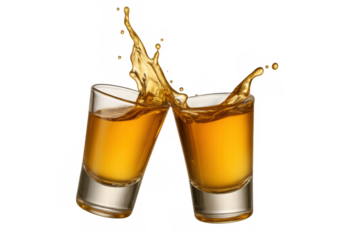 Whiskey splashing from two shot glasses toasting on a transparent background, perfect for celebrating special occasions