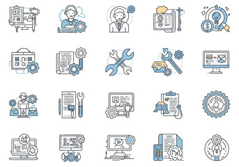Icons display technical support maintenance analysis  automation symbolized by computers gears  wrenches