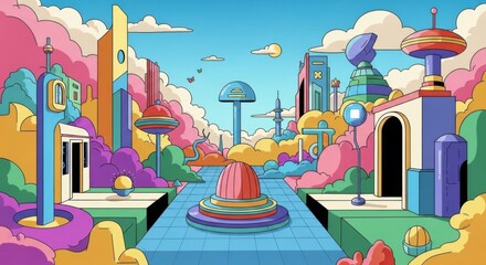 Fototapeta premium Vibrant Surreal Cityscape with Retro Futuristic Architecture and Dreamlike Skies