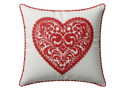 White square pillow with red embroidered heart and scalloped edging isolated on transparent background