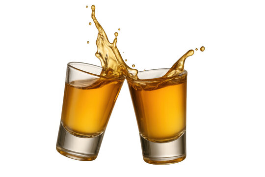 Whiskey splashing from two shot glasses toasting on a transparent background, perfect for celebrating special occasions