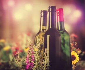 Wine bottles surrounded by colorful flowers