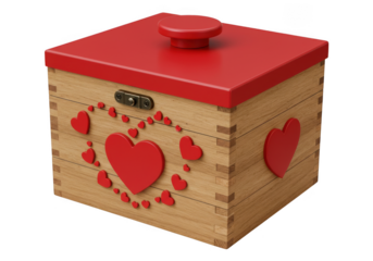 Wooden treasure box with red hearts and red lid isolated on transparent background