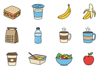 Illustration of various food items sandwich yogurt bananas lunch bag water coffee cups soup salad apple