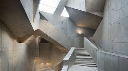 Obraz premium Geometric concrete interior with stairs and high ceilings, showcasing dramatic angles and light interplay