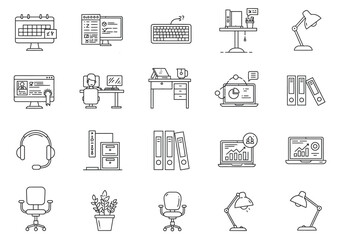 Line art depicts office icons monitors desks lamps headsets and organizers