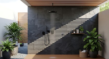 Modern outdoor shower with stone wall and plants creating a spa-like atmosphere