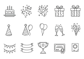Line art illustration of celebratory items including cake confetti gifts party hats  a trophy