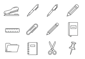 Line art of office supplies including pens pencils stapler paperclip notebook ruler scissors thumb tack and file folder