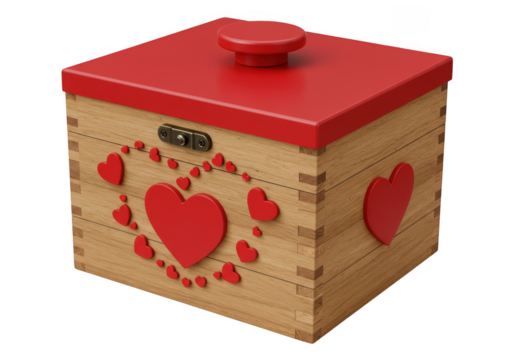 Wooden treasure box with red hearts and red lid isolated on transparent background