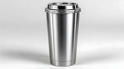 Stainless Steel Travel Mug with Lid in Modern Minimalist Style on White Background
