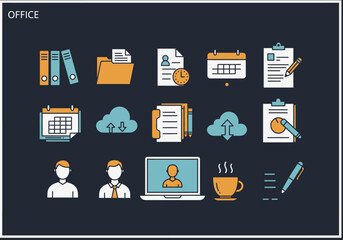 Office icons folders clouds calendars people laptop cup