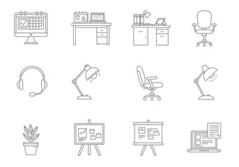 Office icons showcase monitor desk chair lamp headset plant whiteboard laptop