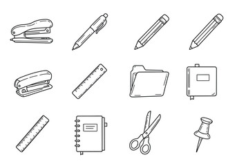 Office supplies are depicted in a simple black and white line drawing