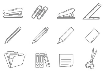 Office supplies depicted as line art including a stapler paper clips pencils scissors and paper
