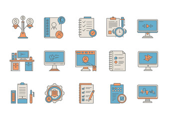 Orange  blue icons desktop computers clipboards notebooks browser tree with money gears and address book