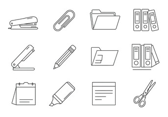Outline drawing of office supplies stapler clip folders binders pencil calendar highlighter notepad scissors