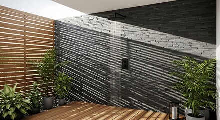 Modern Outdoor Shower with Stone Wall, Wooden Deck, and Lush Greenery for Relaxation