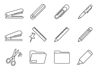 Outline image of office supplies including staplers clips pens rulers scissors folders and a highlighter