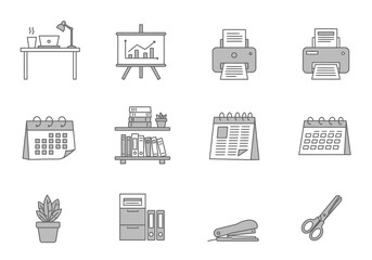 Outlined icons depict an office desk with laptop printer calendar bookshelf plant file cabinet stapler and scissors