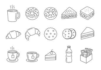 Outlined drawings of assorted baked goods sandwiches and beverages fill a white backdrop