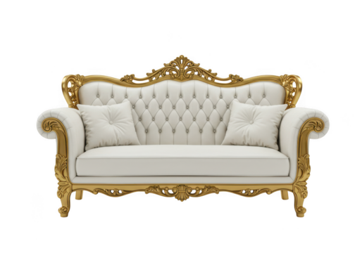 Elegant white tufted sofa with ornate gold frame isolated on transparent background