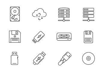 The image presents twelve distinct outline icons of digital storage devices