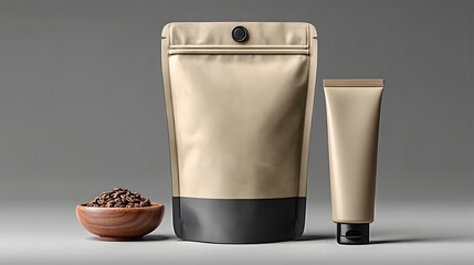 Coffee Packaging with Ground Coffee and Cream Tube in Minimalist Modern Scene