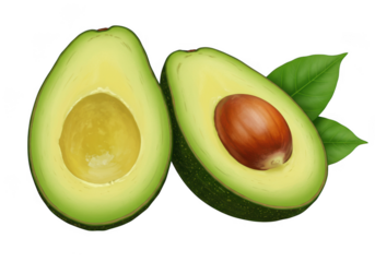 Two halves of a ripe avocado with a seed and leaves isolated on transparent background
