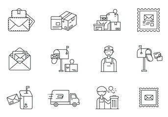 Twelve black  white line icons related to postal services including mailboxes envelopes packages delivery person delivery truck  postage stamps