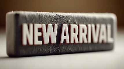 New Arrival Sign Made of Stone with Bold Red and White Text in Close-up