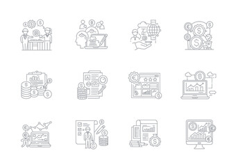 Twelve minimalist business icons depicting various financerelated concepts in gray lines