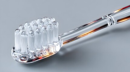 Close Up of Clear Glass Toothbrush with White Bristles on Gray Background