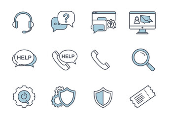 Vector icons show headset chats phone search shield gear monitor and ticket