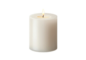 A single white pillar candle with a lit flame isolated on transparent background