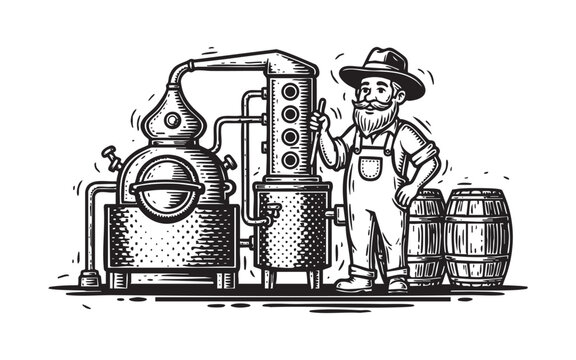 Vintage Moonshiner with an Alcohol Still and Barrels