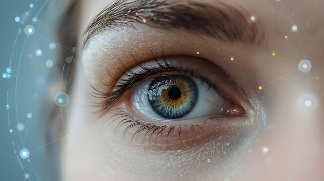 Extreme close-up of a human eye with striking blue and amber iris colors, surrounded by detailed eyelashes and glowing digital particles, symbolizing vision and future technology.

 - Powered by Adobe