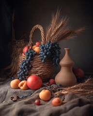 Abundant harvest in rustic basket setting