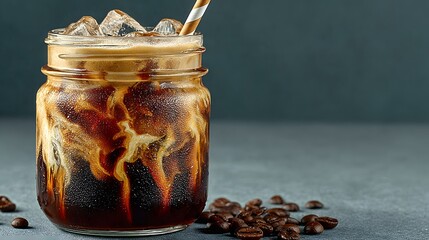 Iced Coffee in Glass Jar with Straw on Gray Surface