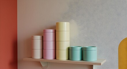 Arrangement of Cylindrical Containers on Shelf in Pastel Colors
