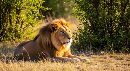 Naklejka premium Majestic Lion Resting in Golden Light with Lush Green Bushes