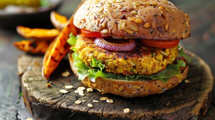 A plantbased burger patty made from chickpeas turmeric and oats served on a multigrain bun with a side of baked sweet potato wedges.