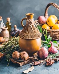 Rustic still life with kitchen produce
