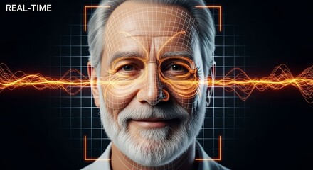 Elderly gentleman's face scan depicts advanced biometric data collection for age verification and identification technology.